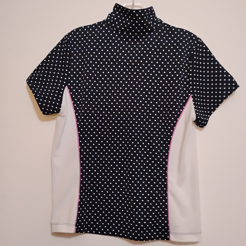 TAIL Black and White Polka Dots Polyester Short Sleeve Pink ZipUp Top L - Picture 8 of 9